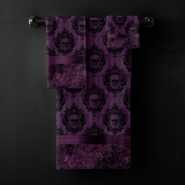 Purple Gothic Chic | Eggplant and Black Skulls Bath Towel Set