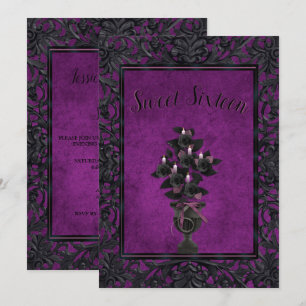 Purple Gothic Frame Black Rose & Candles Sweet 16 Invitation