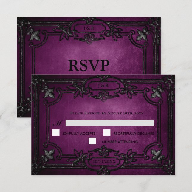 Purple Gothic Halloween Wedding RSVP Card (Devant / Derrière)