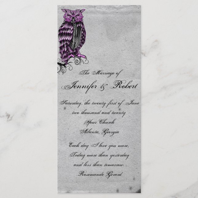 Purple Gothic Owl Posh Wedding Program (Front)