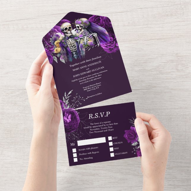 Purple gothic skeleton floral skull death part all in one invitation (Tearaway)