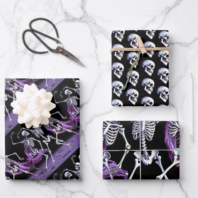 Purple Gothic Skeletons & Skulls Wrapping Paper Sheet (Front)