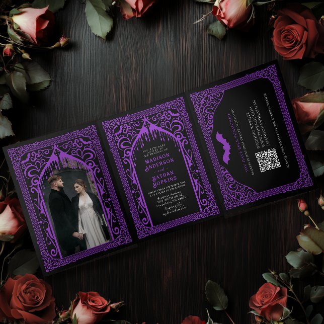 Purple Gothic Vampire Cathedral Wedding QR Code Tri-Fold Invitation (Creator Uploaded)
