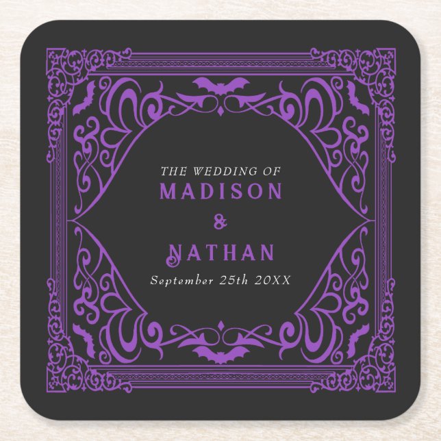 Purple Gothic Vampire Cathedral Wedding  Square Paper Coaster (Front)