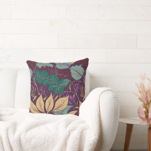 Purple Graceful Modern Leaf Print Throw Pillow