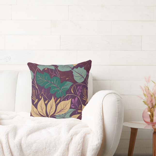 Purple Graceful Modern Leaf Print Throw Pillow (Couch)