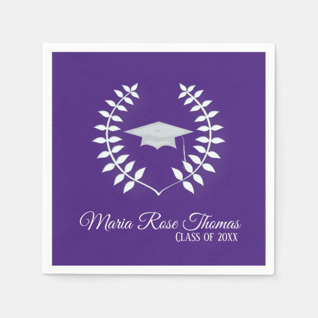Purple Grad Cap & Leaves Paper Napkins (Front)