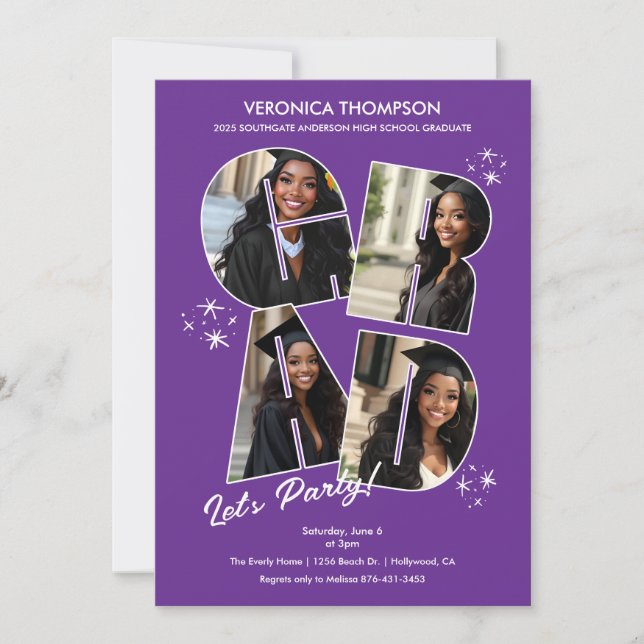 Purple GRAD Photo Collage Graduation Party Invitation (Front)
