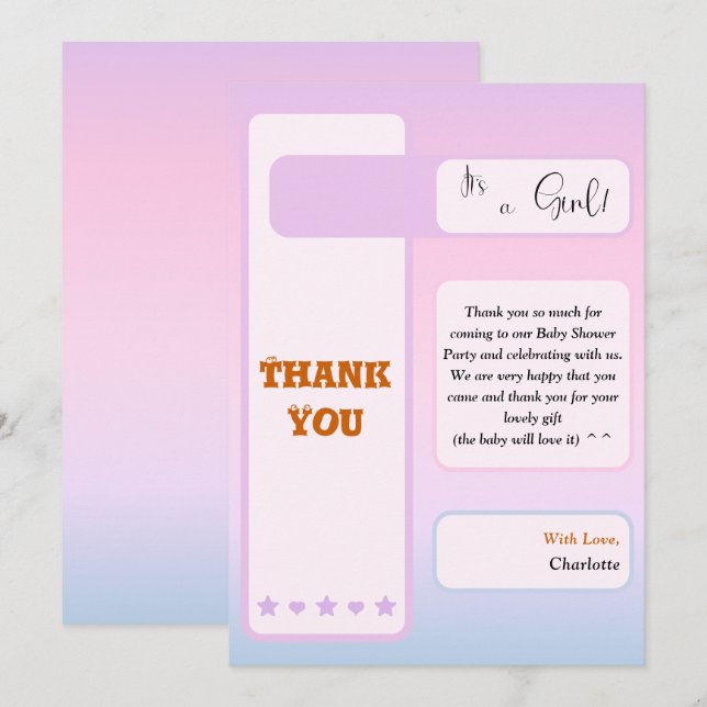 Purple Gradient Cute Eyeball Text Baby Shower Thank You Card (Front/Back)