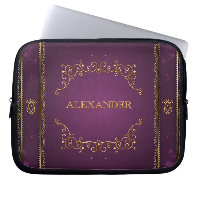 Purple Gradient+Gold Frame Accent-Monogram Laptop Sleeve (Front)