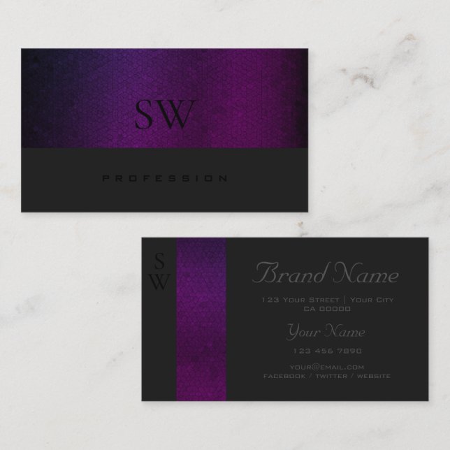 Purple Gradient Pattern Dark Grey with Monogram Business Card (Front/Back)