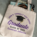 Purple Graduate Personalized 2023 Graduation Tote Bag<br><div class="desc">These modern purple and black custom senior graduate tote bag features your high school or college name for the class of 2023. Customize with your graduating year under the chic handwritten script and black grad cap for a great personalized graduation party favour gift.</div>