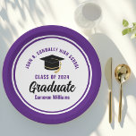 Purple Graduate Personalized 2024 Graduation Party Paper Plate<br><div class="desc">These modern purple and white custom graduation party plates feature classy typography of your university or college name for the class of 2024. Customize with your graduating year next to the chic handwritten script and black grad cap for great personalized congratulations graduate party decor.</div>
