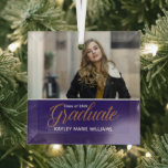 Purple Graduate Photo Chic Graduation Christmas Glass Ornament<br><div class="desc">A classy custom photograph graduation Christmas ornament in pretty purple for a high school,  college,  or university from the class of 2023. Customize with your name in white under the lovely gold calligraphy for a great personalized graduate photo gift with your senior portrait.</div>