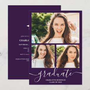 Purple graduate script 3 photos graduation invitation