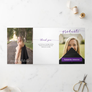 Purple Graduate Script Modern Three Photo Tri-Fold Invitation
