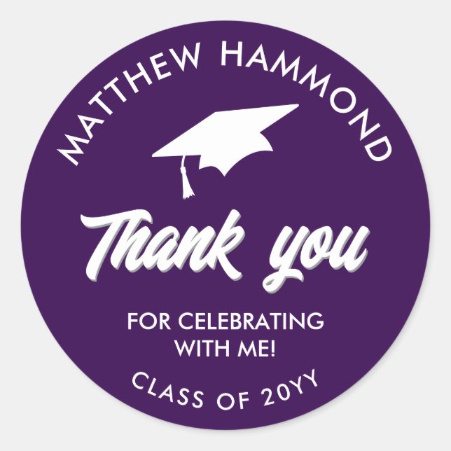 Purple Graduating Class Thank You Grad Cap Classic Round Sticker (Front)