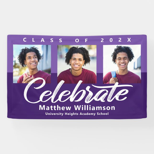 Purple Graduation 3 Photo Bold Script Simple Retro Banner (Horizontal)