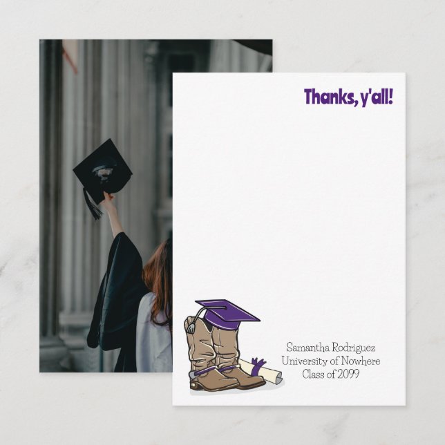 Purple Graduation Cap and Cowboy Boot Thank You Card (Front/Back)