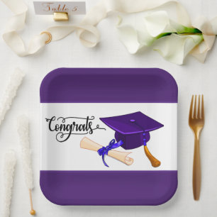 Purple Graduation Cap And Diploma Paper Plate