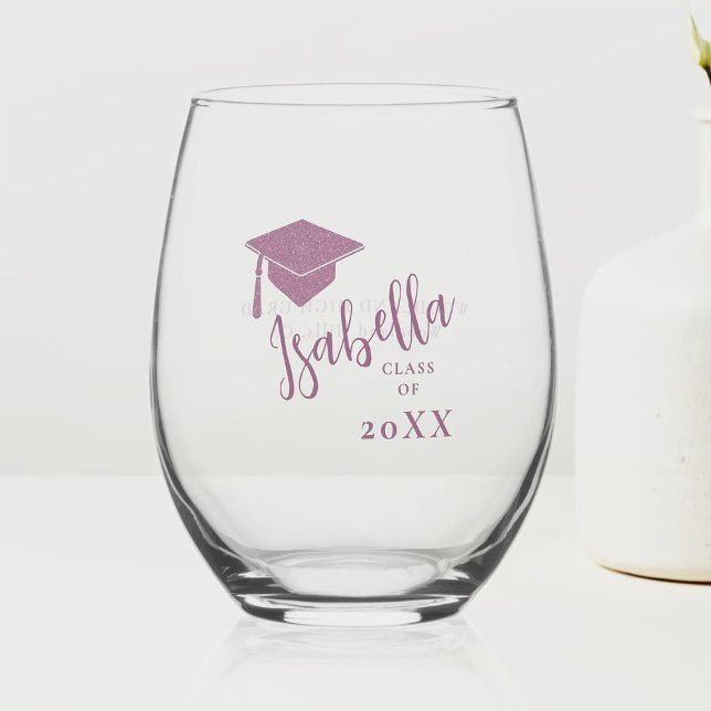 Purple Graduation Cap Calligraphy Custom Gift Stemless Wine Glass (graduation party personalized stemless wine glass grad gift high school college purple cap script)