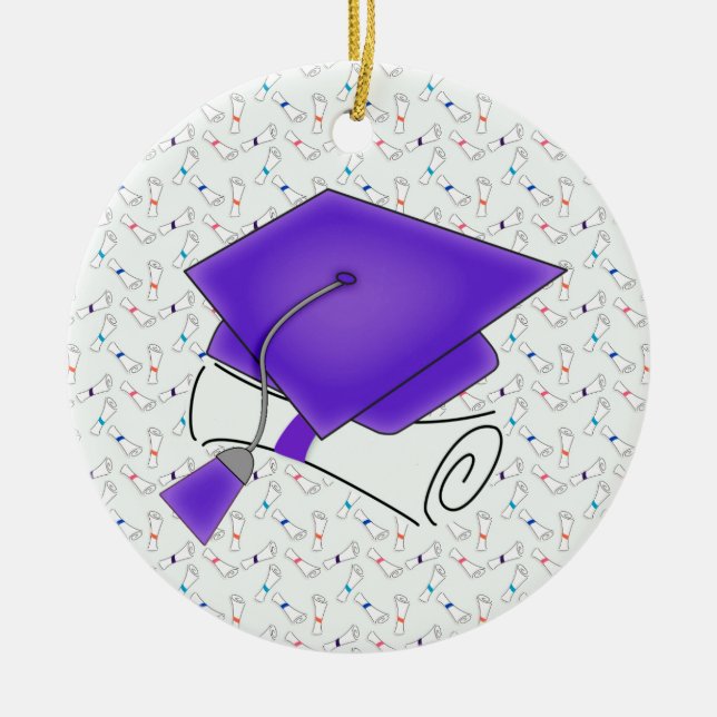 Purple Graduation Cap & Diploma, Colourful Ceramic Ornament (Front)