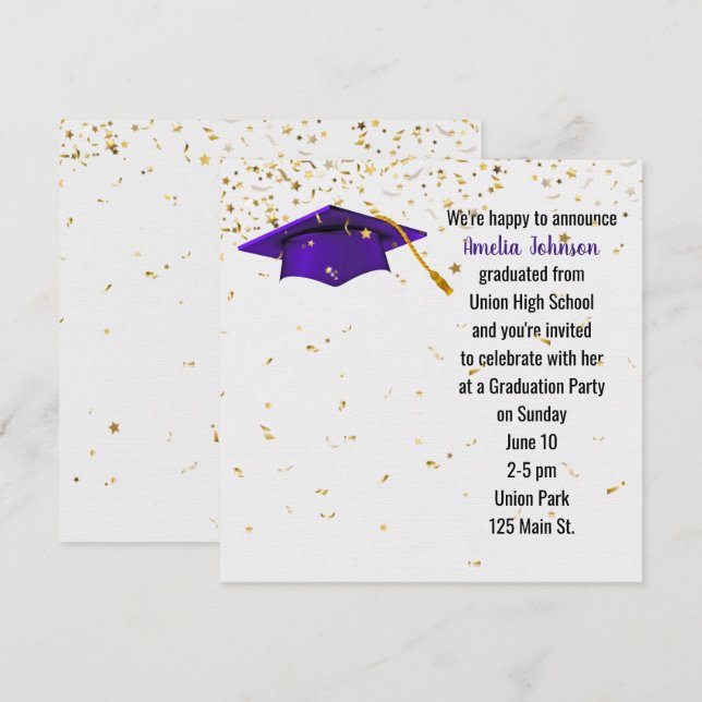 Purple Graduation Cap with Gold Confetti Invitation (Front/Back)
