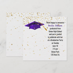 Purple Graduation Cap with Gold Confetti Invitation