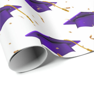 Purple Graduation Caps and Gold Confetti Wrapping Paper