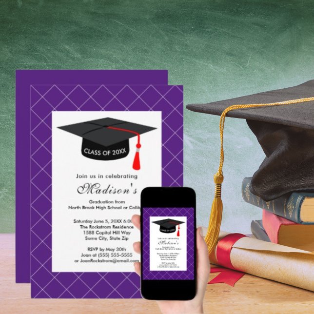 Purple Graduation Class of 20XX Black Grad Cap Invitation (Purple Graduation Class of 2021 Black Grad Cap Invitation)