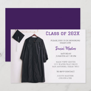 Purple  graduation party cap and gown invitation