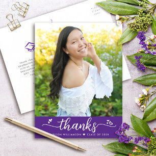 Purple Graduation Photo Script Hearts Thank You Postcard