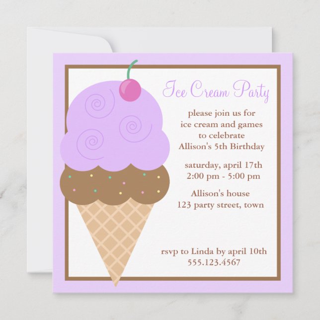 Purple Grape Ice Cream Cone Invitation (Front)