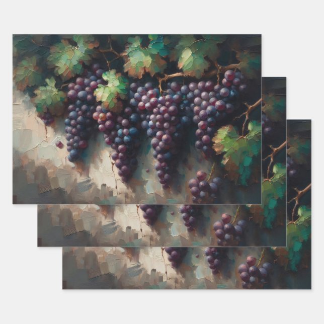Purple Grapes and Vine Oil Painting Decoupage Wrapping Paper Sheet (Set)