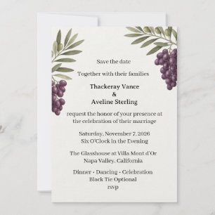 Purple Grapes, Olive Branches, Watercolor Foliage, Invitation