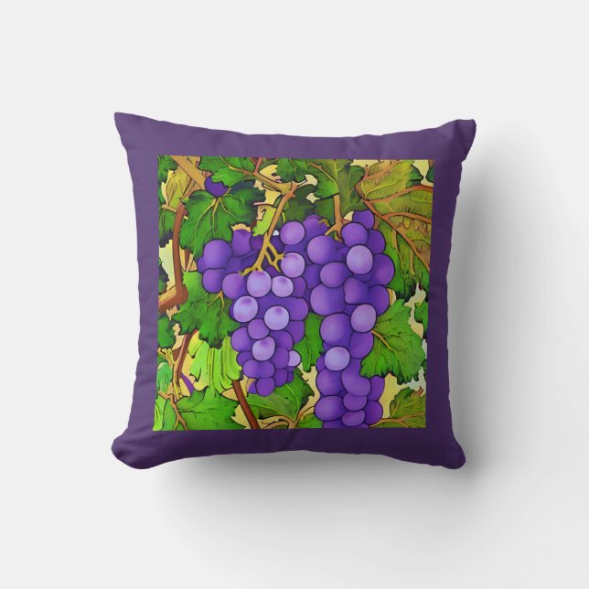Purple Grapes on a Grapevine Throw Pillow (Front)