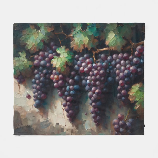 Purple Grapes on the Vine Oil Painting Fleece Blanket (Front (Horizontal))