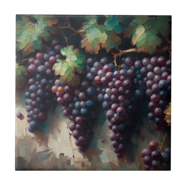 Purple Grapes on the Vine Oil Painting Tile (Front)