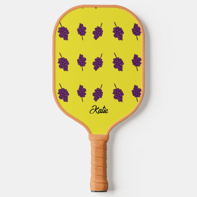 Purple grapes personalized yellow pickleball paddle (Front)