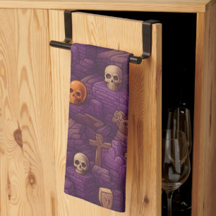 Purple Graves Silver Bronze Skulls Halloween Kitchen Towel