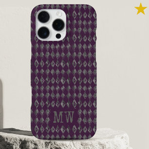 Purple Gray Doodle Diamond Pattern Custom Monogram iPhone 16 Pro Max Case