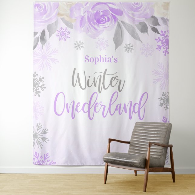Purple Gray Floral Winter ONEderland Backdrop Tapestry (In Situ)