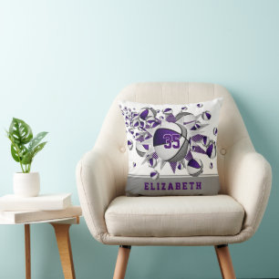 purple gray sports room girls basketballs stars throw pillow