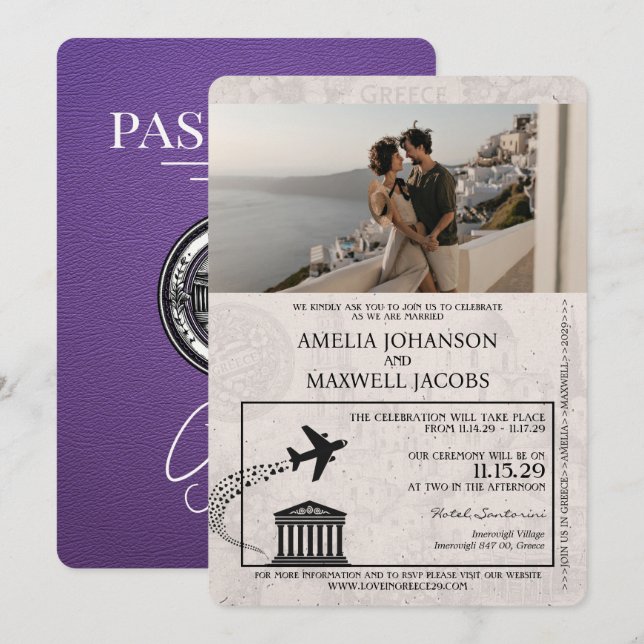 Purple Greece Passport Wedding Invitation (Front/Back)