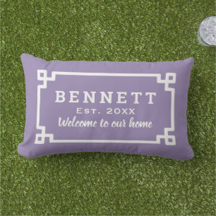 Purple Greek Key Custom Monogram Welcome Lumbar Pillow