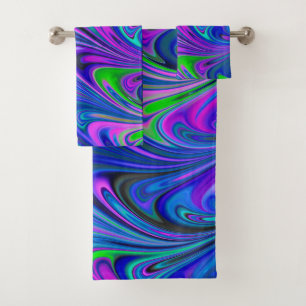 Purple Green and Blue Abstract Marbled Swirls Bath Towel Set