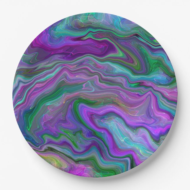 Purple, Green and Blue Fluid Art Marble   Paper Plate (Front)