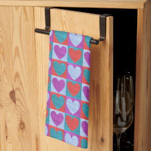 Purple Green and Red Checked Heart Pattern Kitchen Towel