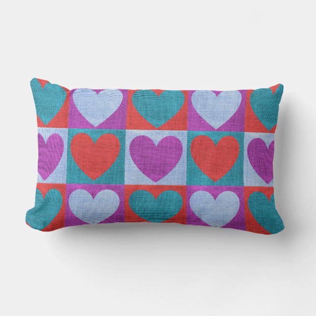 Purple Green and Red Checked Heart Pattern Lumbar Pillow (Front)
