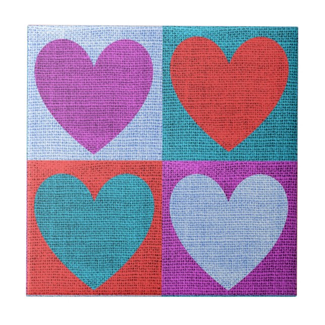 Purple Green and Red Checked Heart Pattern Tile (Front)